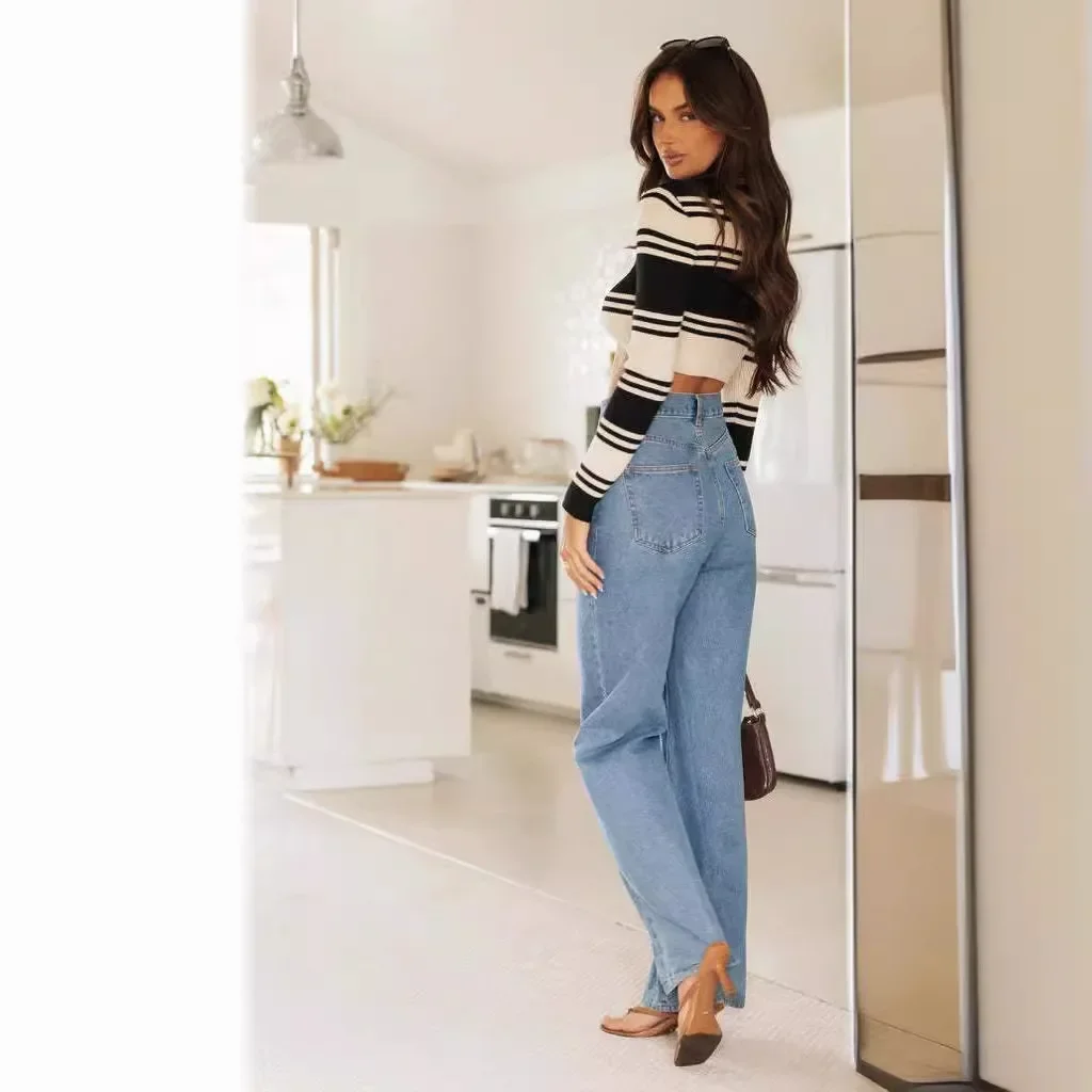 Jeans Donna Denim Pantaloni a gamba larga Pantaloni vintage a vita alta Streetwear Lunghezza pavimento femminile Tasche effetto lavato 2025