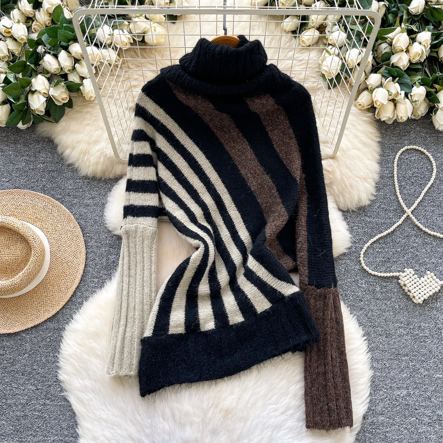 

SuperAen Retro Fashion Color-blocking Striped Turtleneck Sweater Women Winter New Asymmetrical Knitted Pullover Tops