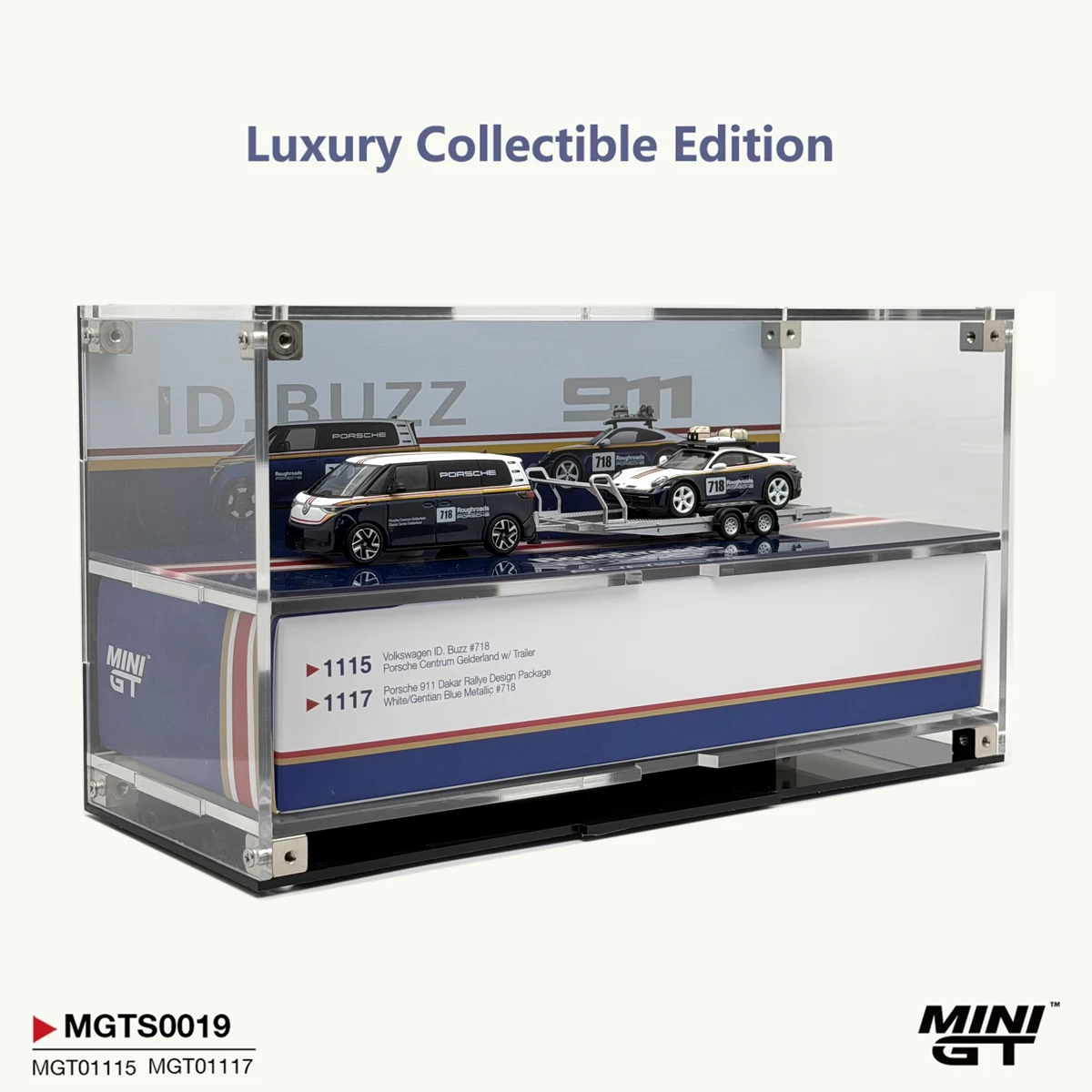 MINIGT MGTS0019 1:64 Roughroads Porsche Rally Set ID.Buzz + 911 + Trailer Limited Luxury Acrylic Display Edition Diecast Model