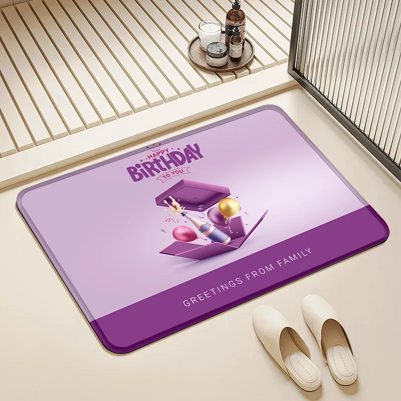 

Happy Birthday Doormat Purple Gift Box Champagne Balloons Non-Slip Floor Mat Home Entrance Door Rug Party Decor Supplies