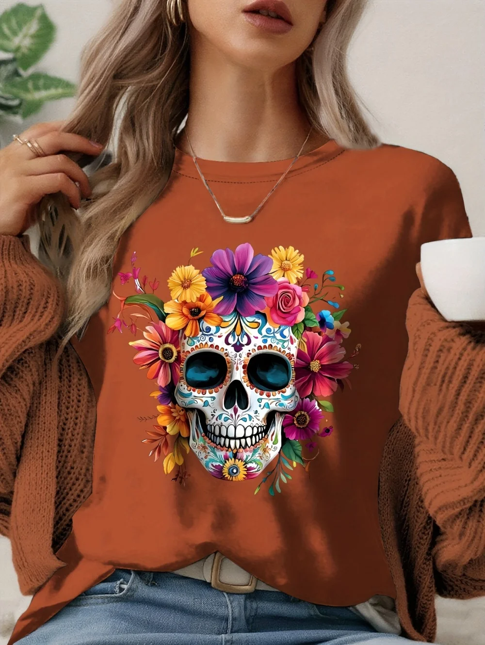 Day of the Dead Sugar Skull Pattern Women's T-Shirt Casual O-Neck Short Sleeve Tops Tees Summer Outdoor Wear Women's Clothing