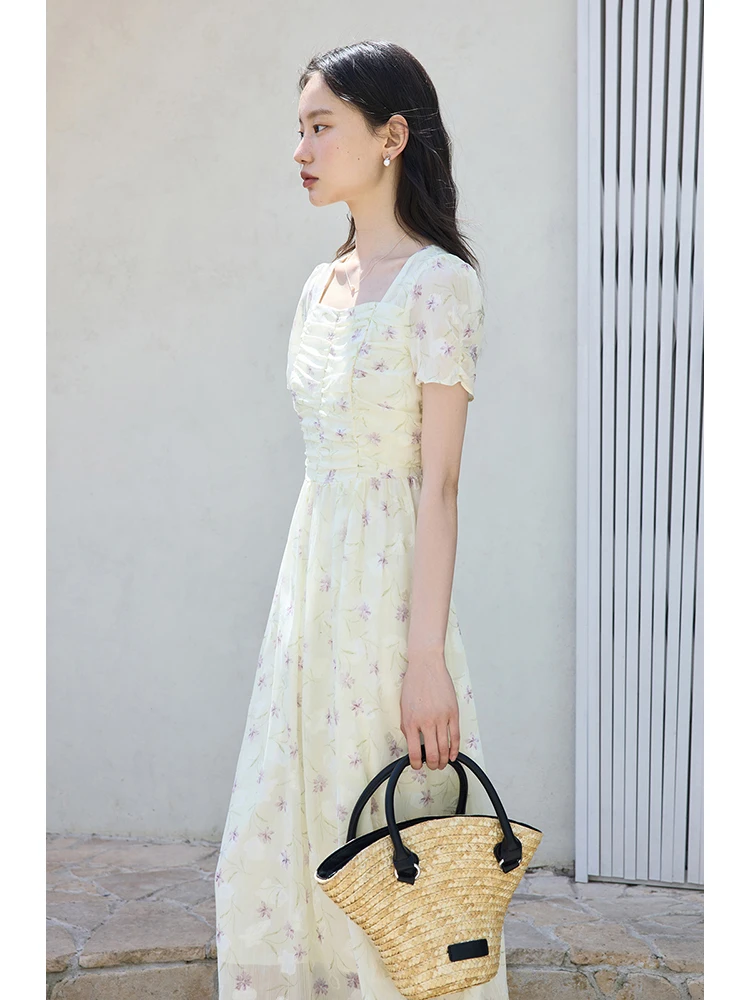 ZIQIAO French Style Romantic Square Neck Elegant Women Long Dress 2024 Summer New A-Line Casual Dress For Female 24ZQ92329