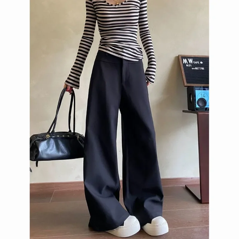 Damskie czarne spodnie garniturowe z szerokimi nogawkami, wysoki stan, drapowane, wąska wersja, spodnie na wiosnę i jesień, codzienne, proste, luźne.