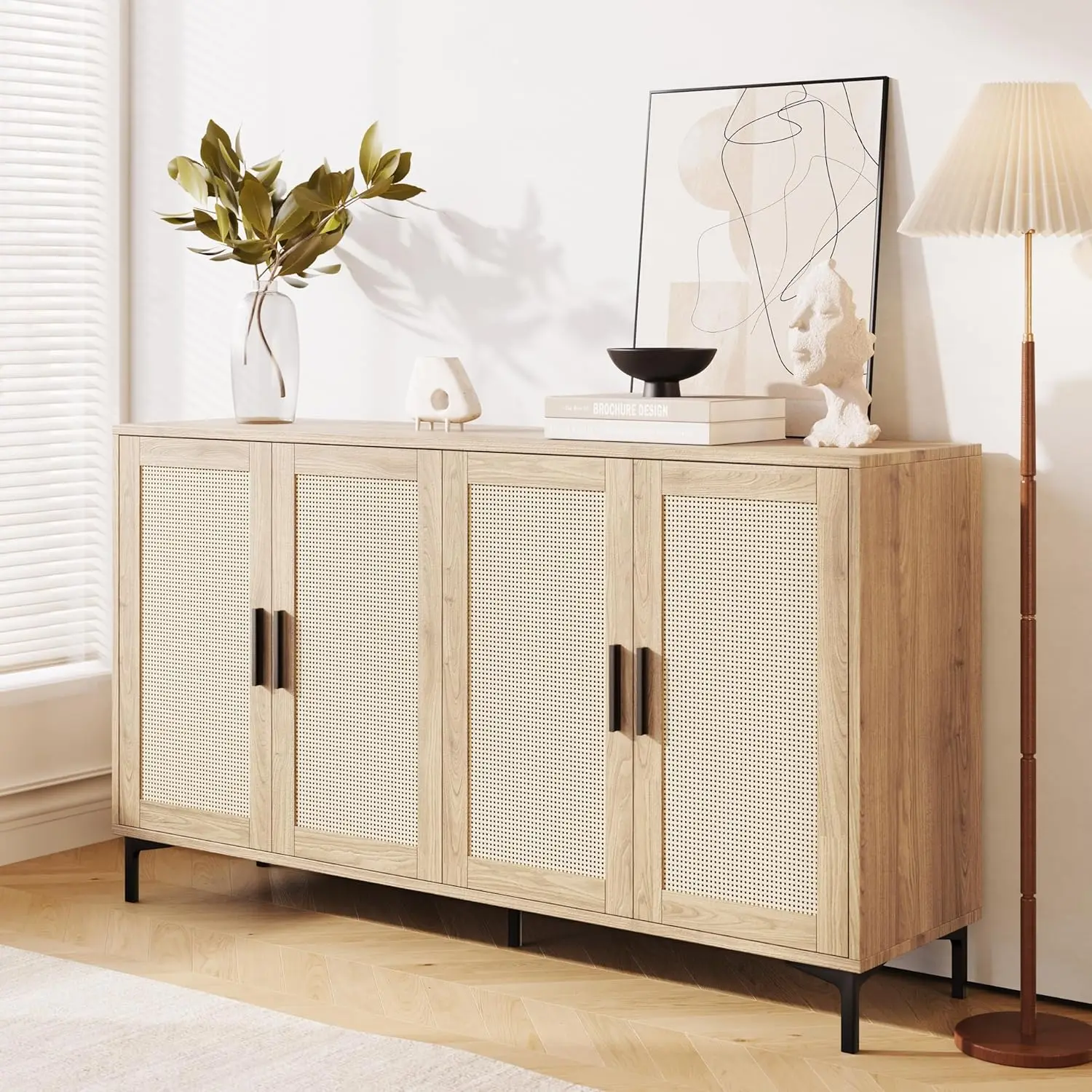 Sideboard - Kitchen Buffet Cabinet with Rattan Decorated Doors, Accent Sideboard Cabinet with Doors