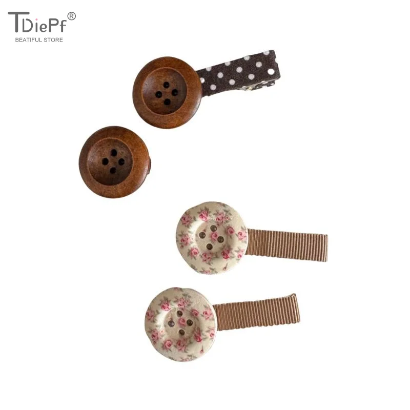 Vintage Button Hair Clips For Women Wooden Floral Barrettes Polka Dot Ribbon Details Hair Accessories Jewelry
