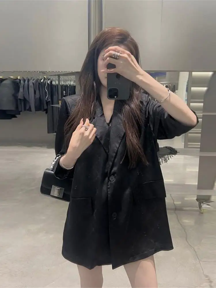 

Summer Outerwear Loose Women's irt Sun Protection Suit Collar Strap Dring Long Sve Medium Length Single Button