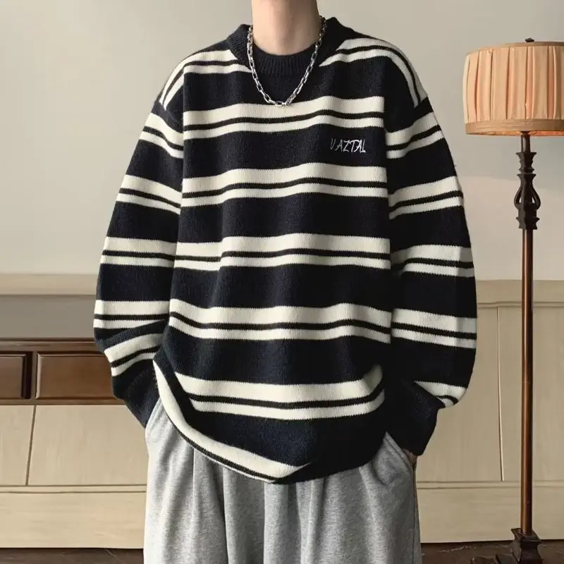 New original burgundy striped sweater for men in autumn and winter oversize high-end Tongxiang sweater niche design sweater y2k