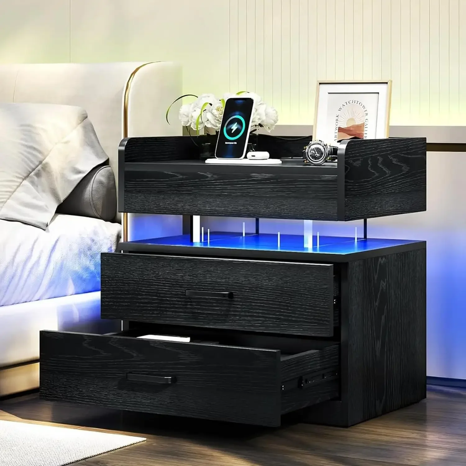 Floating Nightstand with 2 Drawers, LED Nightstand with Voice-Activated Mode, Side Table End Table with Charging Station (Black)