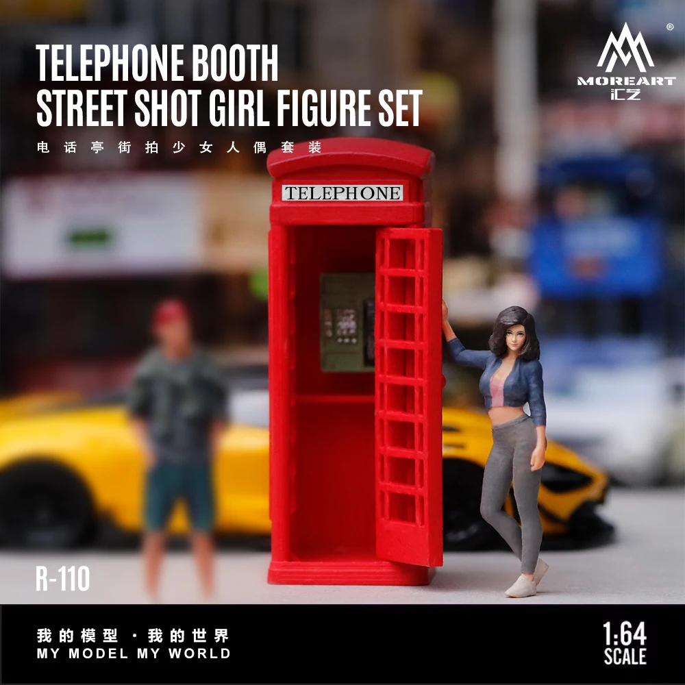 MoreArt 1:64 Street Telephone Booth With Fashion Female Character Resin Figurine Set Hobby Collection Display