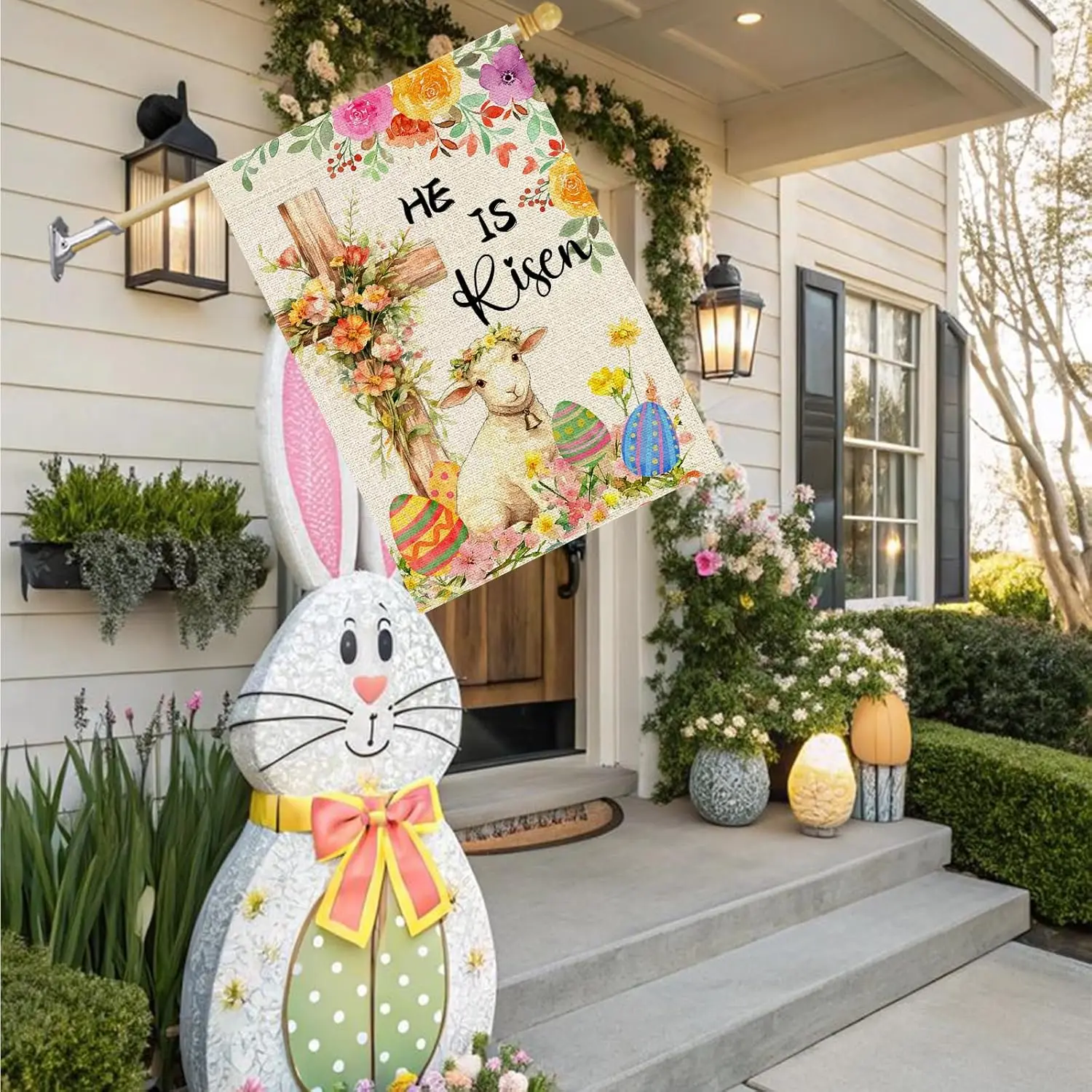 He Is Risen Cross Easter House Flag 28x40 Inch Double Sided Outside Lamb Pascha Eggs Floral Spring Yard Outdoor Decoration L zzo