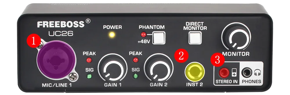 FREEBOSS Stereo Recording Audio Interface Guitar ASIO4ALL 3 Channels Input Monitor 48V External Usb Sound Card for Studio UC26