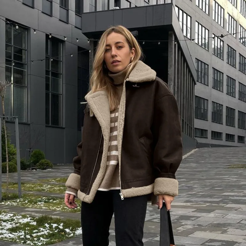 European American Women's Clothing Winter New Loose Suede Jacket Women's Short Lamb Wool Warm Retro Jacket Exquisite Personality