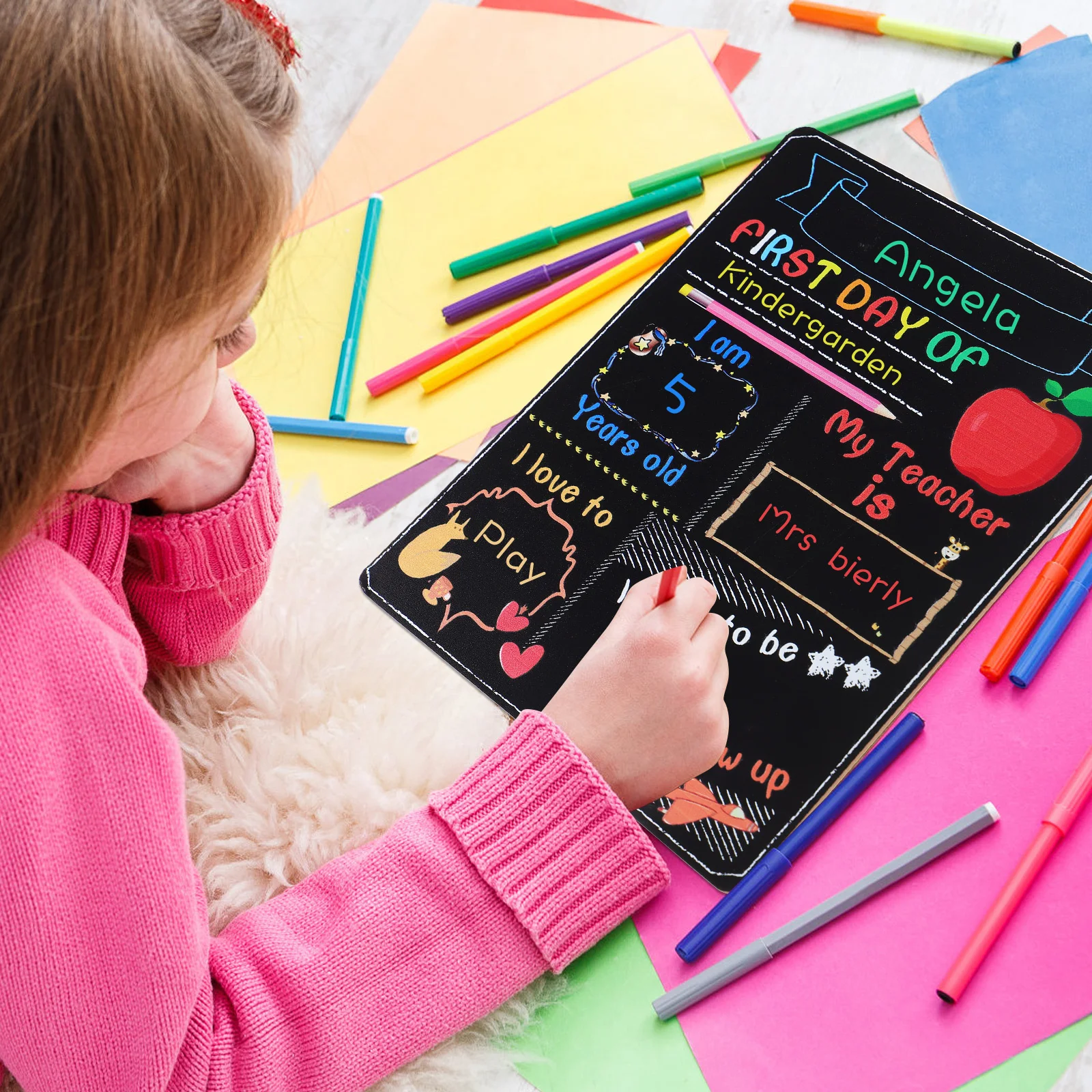 Double Sided Child Chalkboard First Day Back to School Sign Student Message Bamboo Black