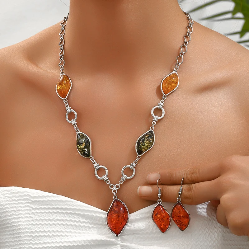 Fashion Vintage Colorful Stone Necklace Earrings Sets Ethnic Style Jewelry Set Retro Women\'s Accessories Gifts For Lady