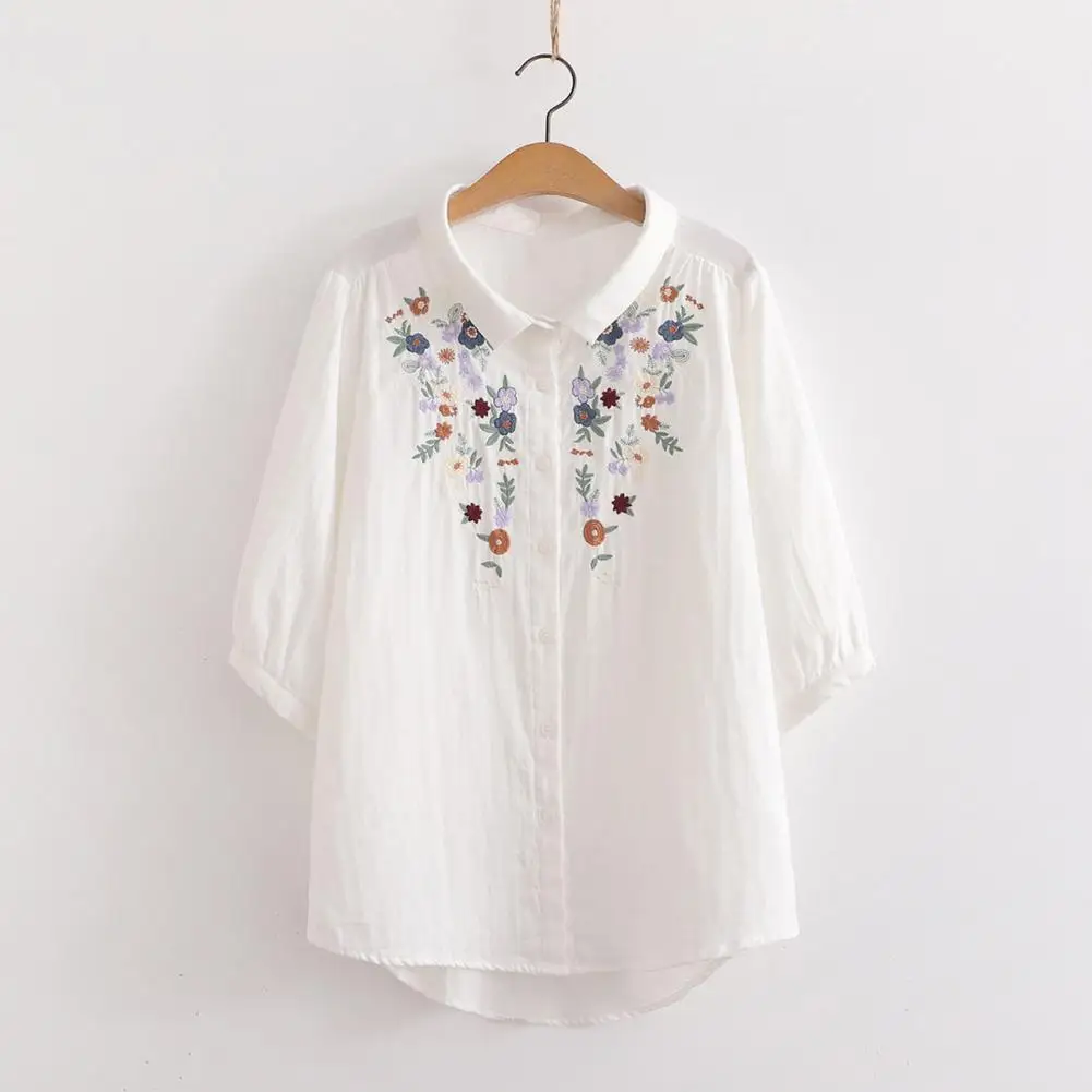 Women Shirt Flower Embroidery Print Women's Shirt Collection Casual Office Wear Street Style Tops Loose Fit Summer Blouses Loose