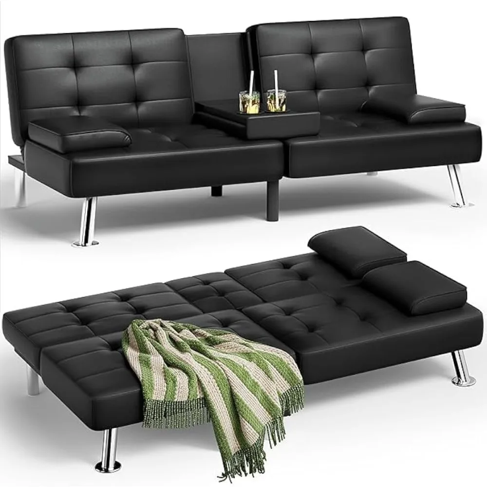 Leather Futon Couch with Removable Armrests, Adjustable Recliner Sleeper Sofa Bed with Dual Cup Holders for Living Room