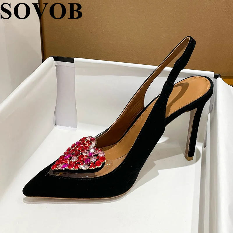 Summer Heart-shaped Rhinestone Decor Thin Heels Sandals Women's Cow Suede Pointed Toe Hight Heel Single Shoes Dress Shoes Pumps