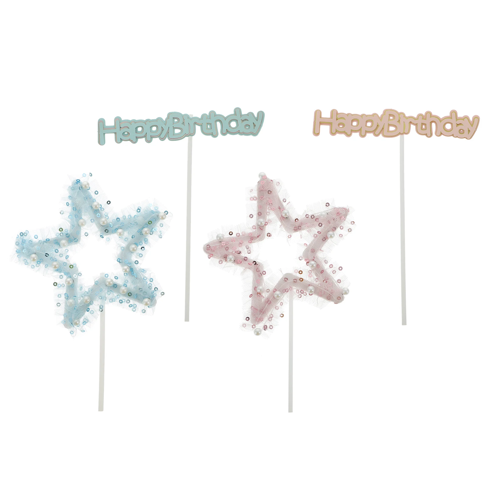 

2 Sets Pink Pearl Star Birthday Cake Toppers 1 Set Blue Pearl HB Decorations Matching Cake Inserts Photo Props