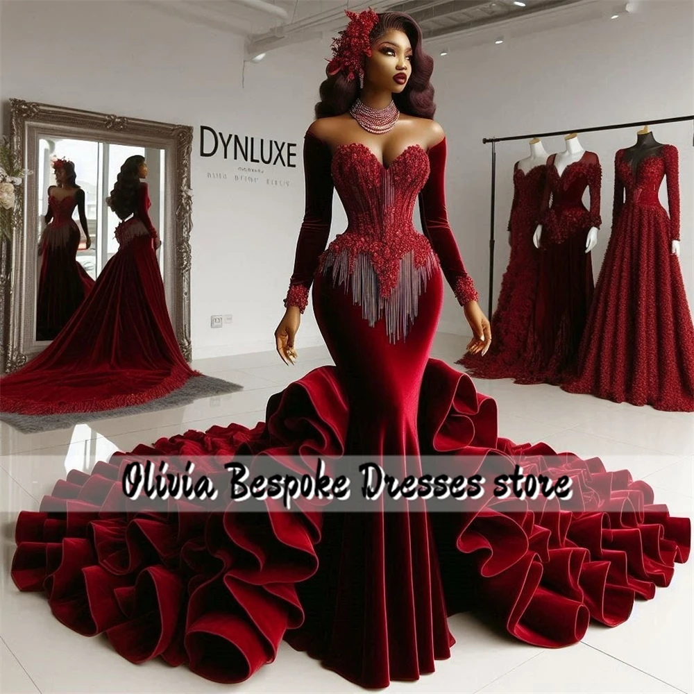 Amazing Burgundy Applique Aso Ebi Mermaid Evening Dresses Off The Shoulder Long Sleeves Ruffles Train African Wedding Customized