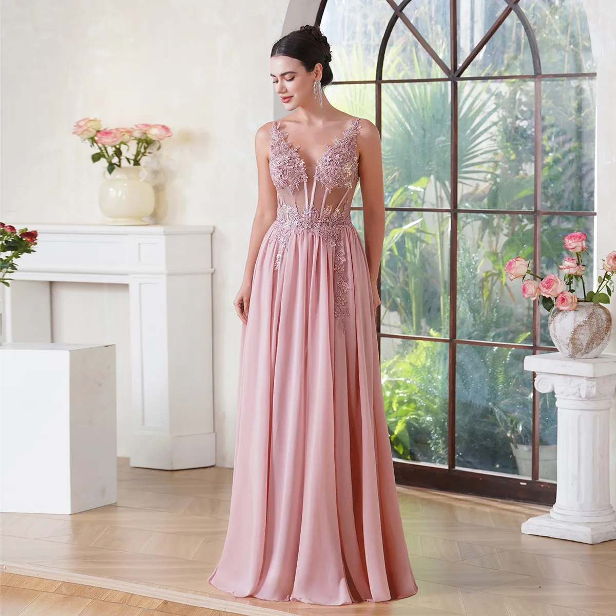 Elegant Dusty Pink Prom Dresses 2024 V Neck Beaded Appliques Illusion Spaghetti Strap Evening Gowns Formal Party Vestido De Gala