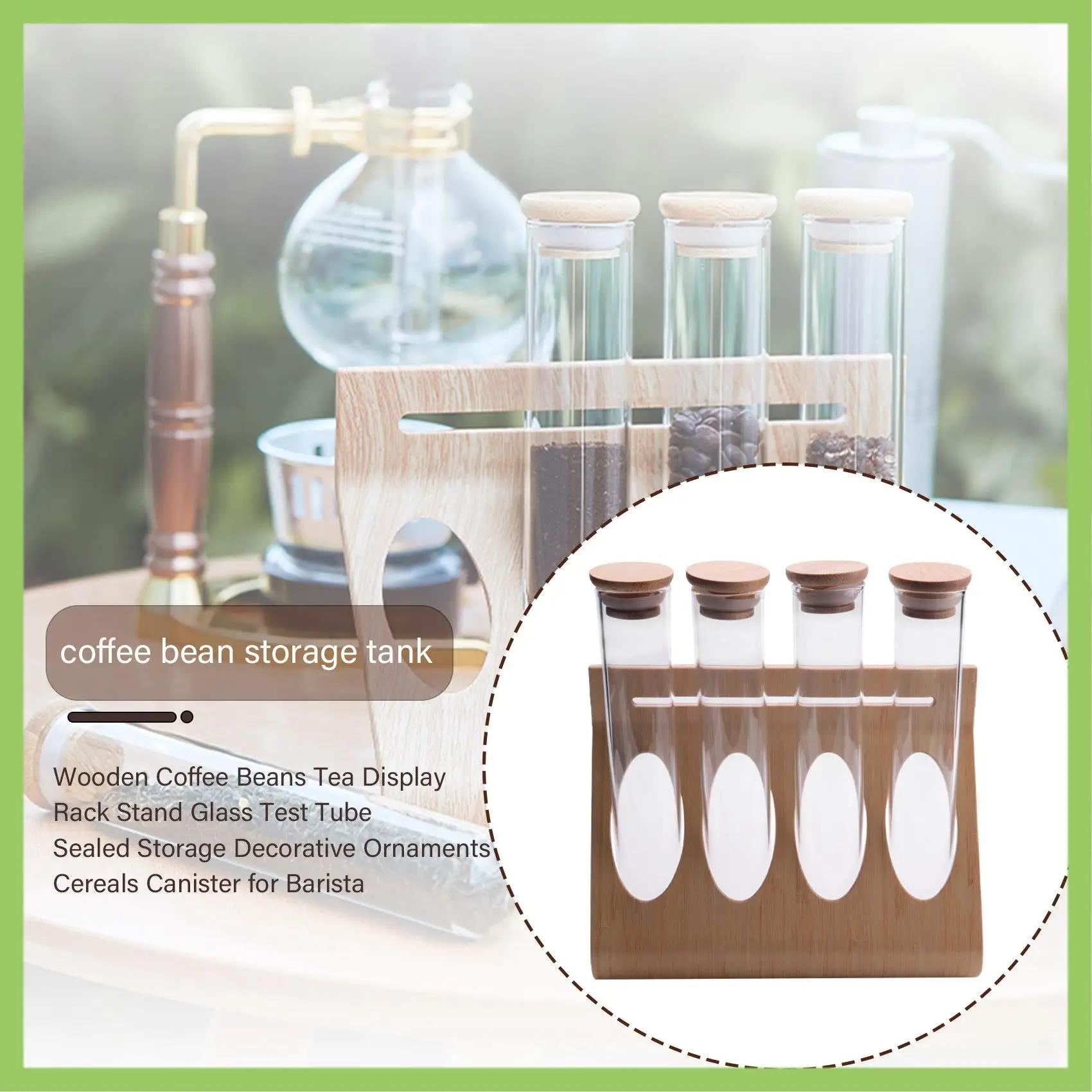 

Wooden Coffee Beans Tea Display Rack Stand Glass Test Tube Sealed Storage Decorative Ornaments Cereals Canister For Barista