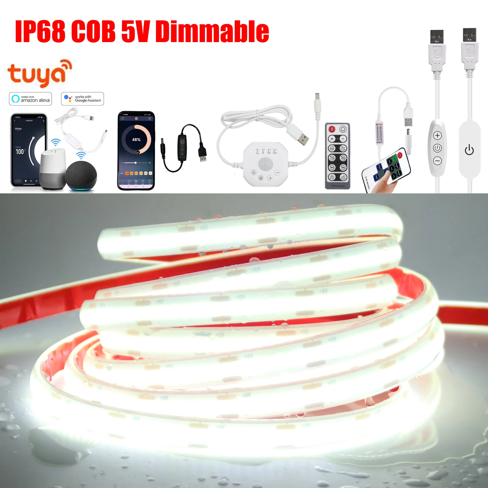 

5 В светодиодная лента COB с регулируемой яркостью IP68, водонепроницаемая гибкая лента, 320 светодиодов/м, светодиодная лента высокой плотности с диммером для спальни, домашнего декора