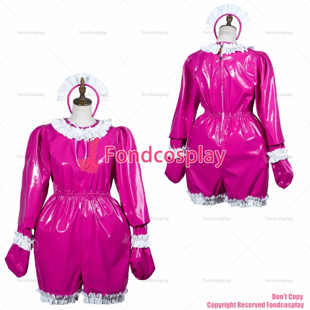 

fondcosplay adult sexy cross dressing sissy maid hot pink thin pvc jumpsuits rompers lockable Uniform costume CD/TV[G3797]