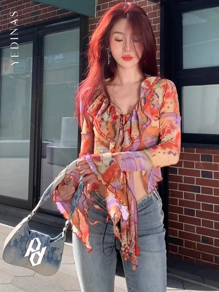 Yedinas Fairycore Style Slim Blouse Women Clothes Long Sleeve Korean Fashion Ruffled Tie Dye Women Shirt Thin 2024 Summer New