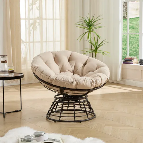 

！@Comfortable Ergonomic Steel Papasan Chair 360 Swivel Modern Portable Outdoor Soft Thick Cushion Brown Frame Beige Cushion