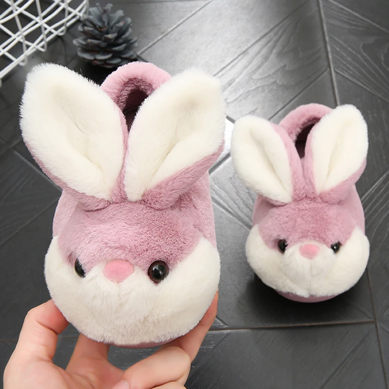 New Winter Cute Rabbit Cartoon Warm Cotton Slippers Children Baby Girls Indoor Floor Flat Non-Slip Heel Wrap Home Plush Shoes