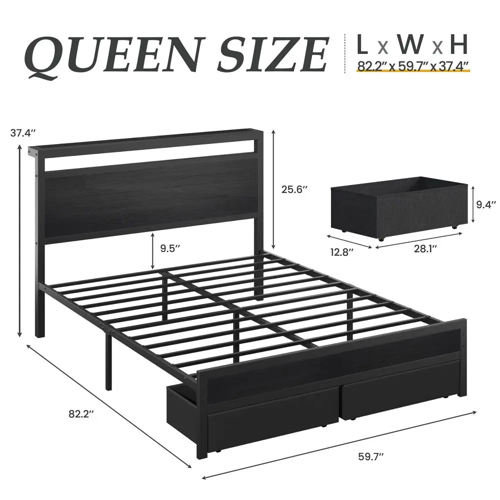 Queen Bed Frame with Storage, Wood Headboard with Fast Charging Station, LED Lights, Platform Bed Frame Queen Size, Fabric Draw