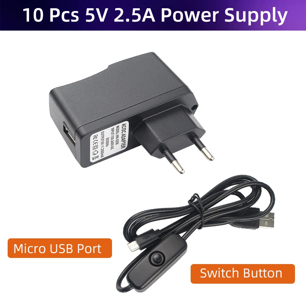 

10 PC Power Supply 5V 2.5A Power Adapter + Switch ON/OFF Micro USB Port Cable for Raspberry Pi 3B+ Orange Pi Zero 2 Banana Pi