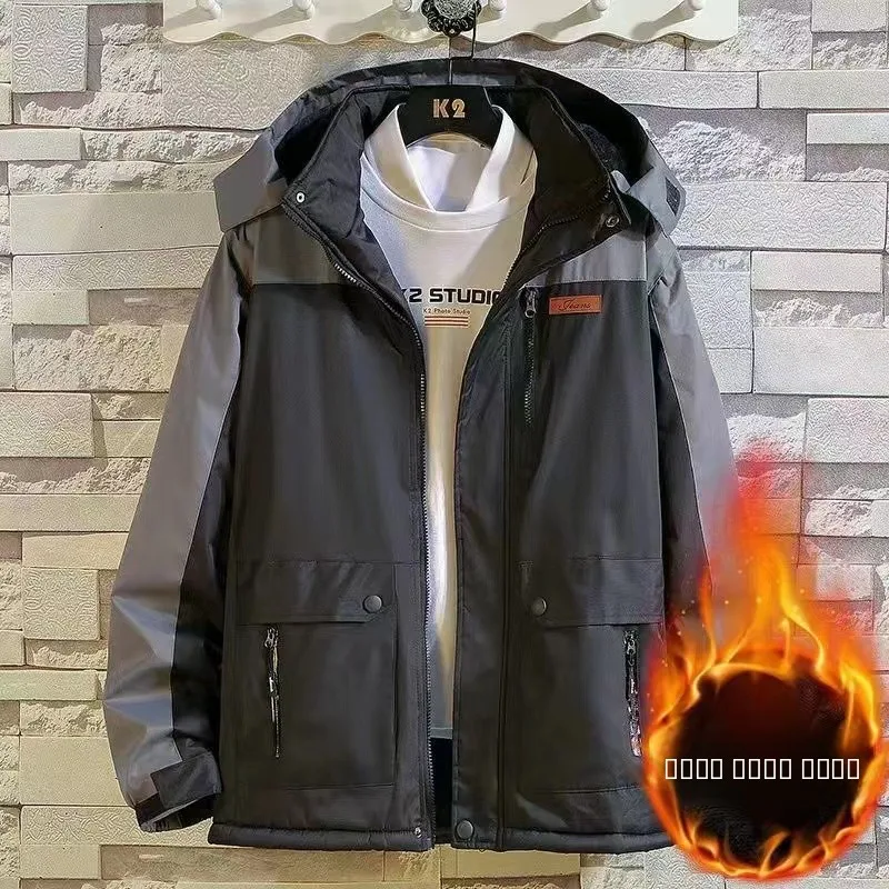 

Мужское зимнее хлопковое дэт Thiened Fce на подкладке, ветрозащитное водонепроницаемое повседневное свободное пальто, модное городское пальто с капюшоном