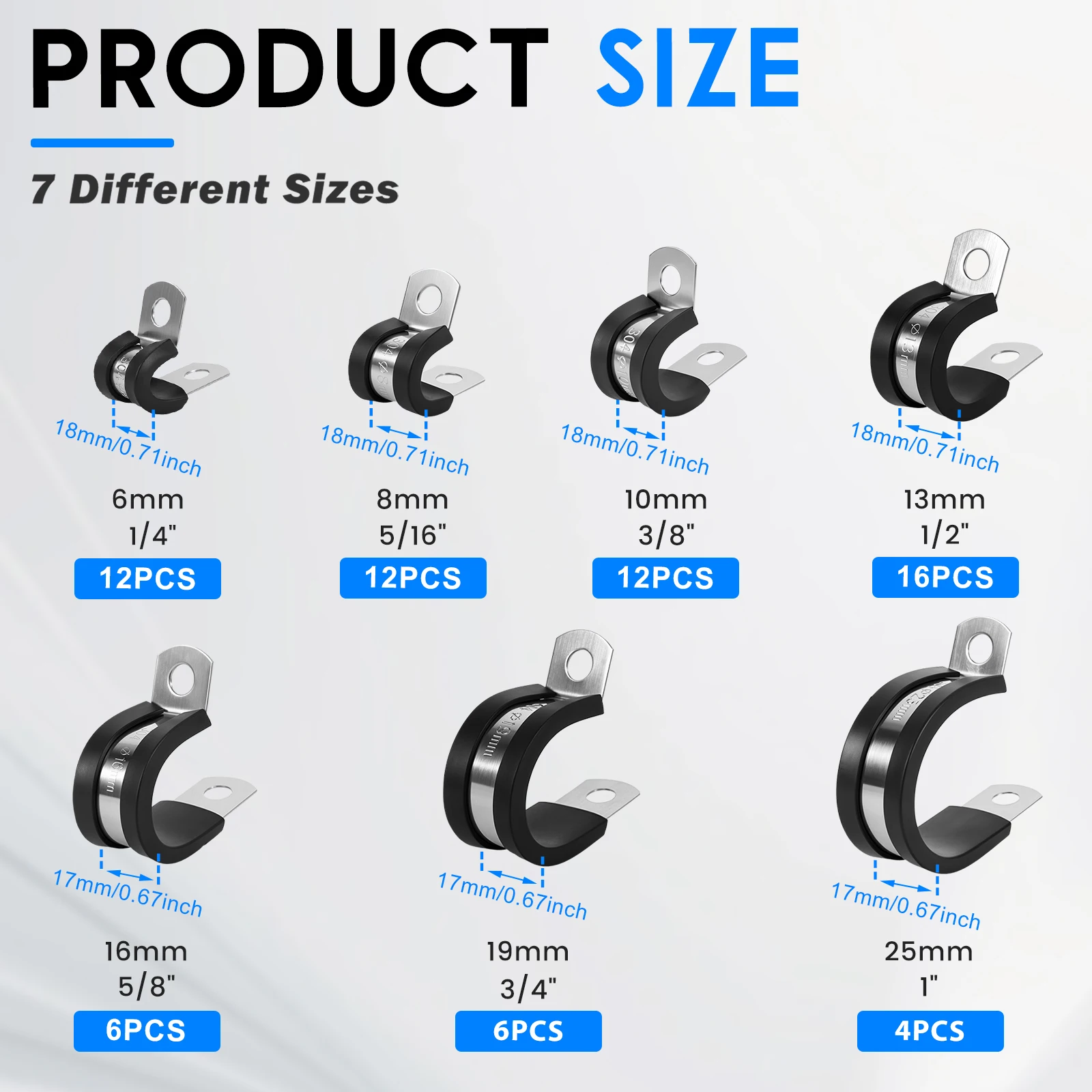 68Pcs Rubber Cushioned Cable Clamp Kit 304 Stainless Steel R Type Pipe Tube Wire Cord Clip for Automotive Marine Hose Management
