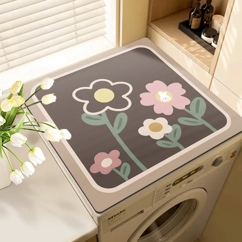 VIKAMA Ins Cute Cartoon Flower Rabbit Washing Machine Cover Pad, Suction Drum Washing Machine Dust Pad, Balcony Decoration Pad