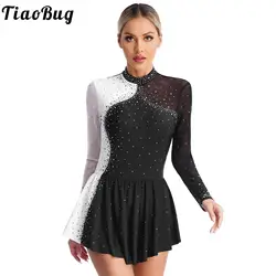 Womens Long Sleeve Figure Skating Dress Shiny Rhinestone Contrast Color Sheer Mesh Tutu Ballet Gymnastics Dance Leotard Dress