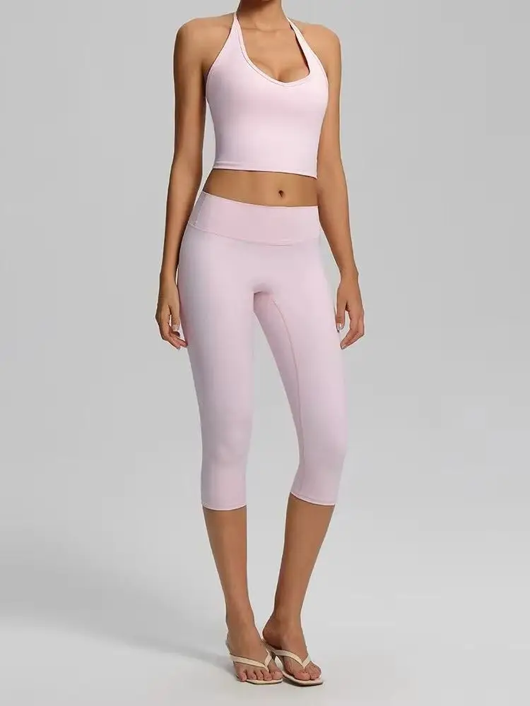 Women 2 Piece Yoga Set Halter Crop High Waist Capri Leggings Naked Feel Quick Dry Fitness Gym Workout Sports Outfit Yoga Clothes