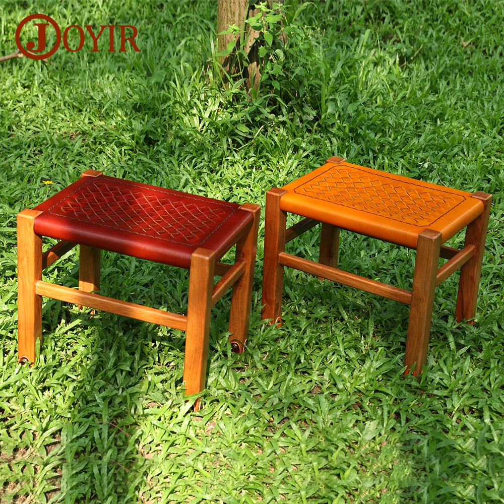 

JOYIR Genuine Leather Stool Handmade Woven&Solid Wood Four-Corner Stool Changing Shoes Outdoor Camping Low Stool