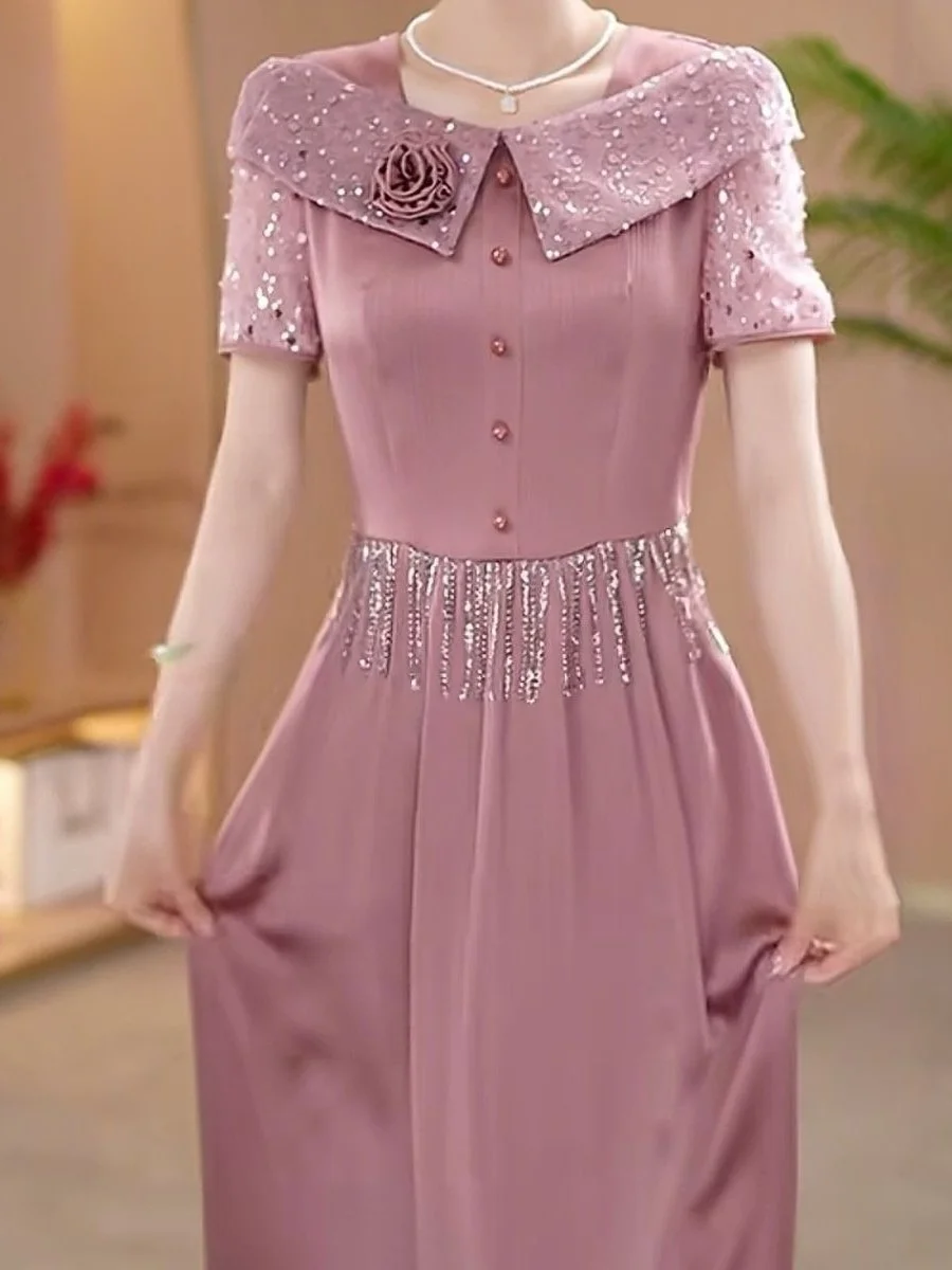 エレガントなハイウエスト A ラインドレス光沢のあるサテン刺繍花装飾痩身ミディスカートファッショナブルな夏の新着