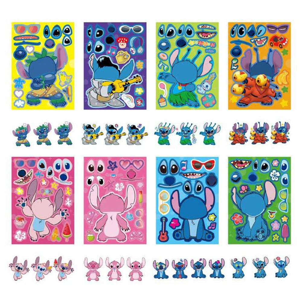 8/16Sheets Disney Stitch Cartoon Puzzle Stickers Children Make a Face DIY Toys Funny Assemble Jigsaw Kids Boys Girls Party Game