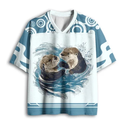 Vintage Two Sea Otters Water Print Men V Neck Mesh Jersey Cute Animal Short Sleeve Football Tee