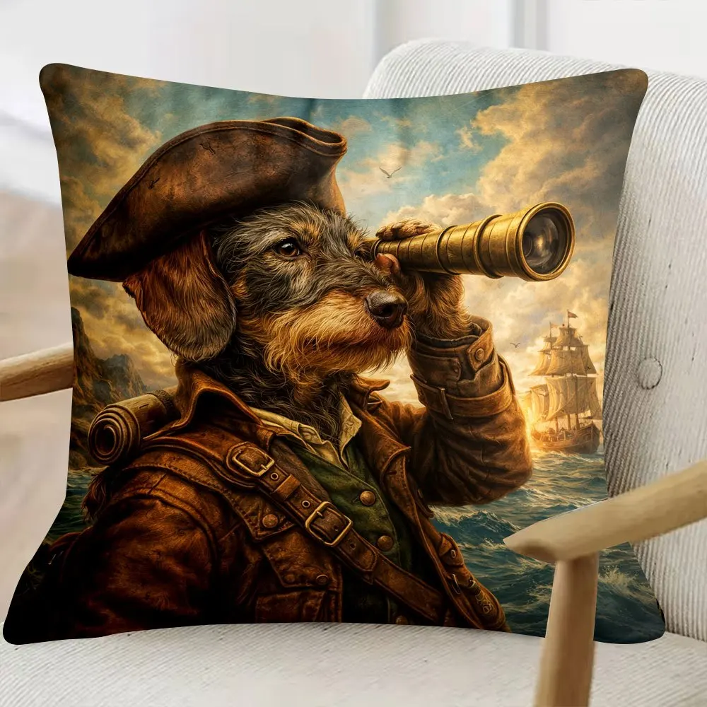 Vintage Dog Explorer Looking Through Telescope Ocean Adventure Nautical Themed Throw Pillow Cushion