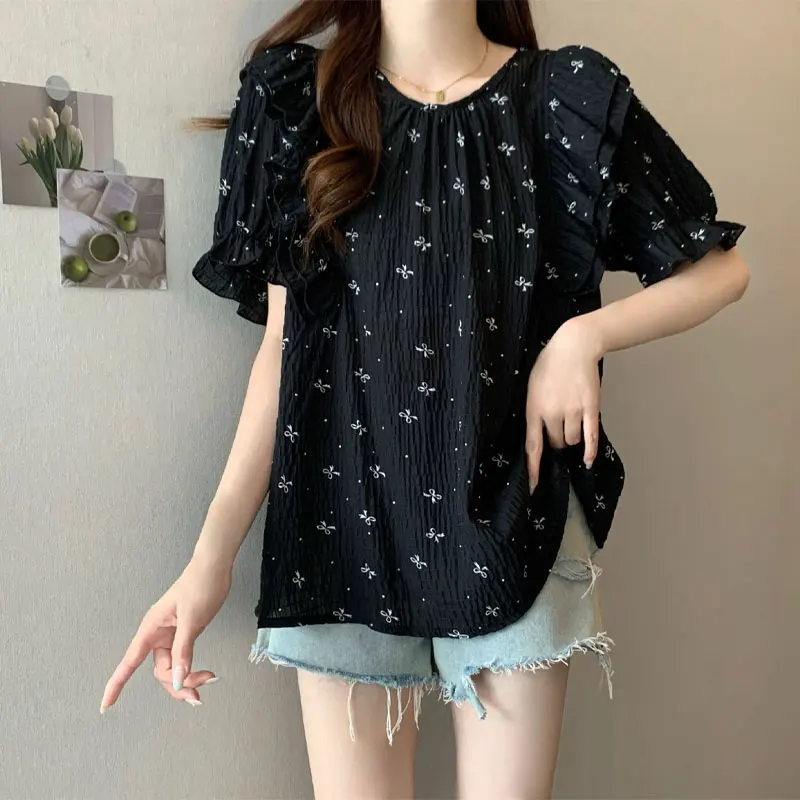 Stylish Ruffles Patchwork Loose Shirts Summer Round Neck Female Clothing Short Sleeve Drawstring Casual Chic Bow Printed Blouse