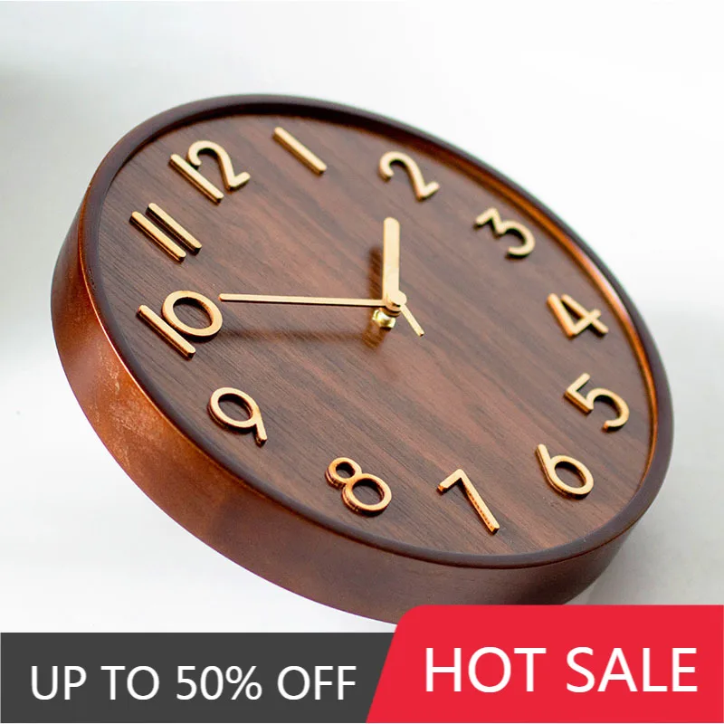 12 Inch Wooden Wall Clock, 3D Numerals Silent Solid Wood Frame Clock Modern Decorative Wall Watch for Living Room Bedroom Office