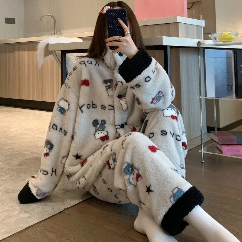 

Высококачественные осенне-зимние пижамы Hello Kitty для девочек, теплая легкая роскошная утолщенная коралловая бархатная водолазка, комплект домашней одежды
