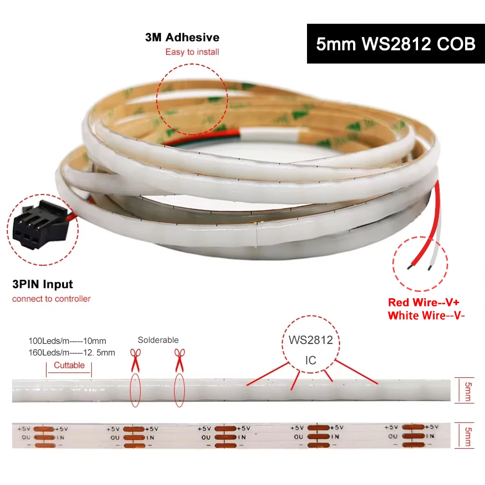 Flexible WS2812B COB LED Strip 5mm 10mm High Density 100 160LEDs/m Smart RGB Dream Color Light Individually Addressable for DIY