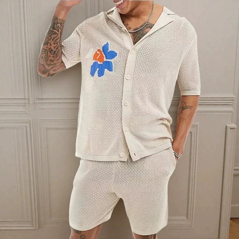 ジャカードニットウェア 2 点セットシャツ & ショーツスーツ男性カジュアル夏の涼しさ品質シルキー弾性トラックスーツアンサンブルオム