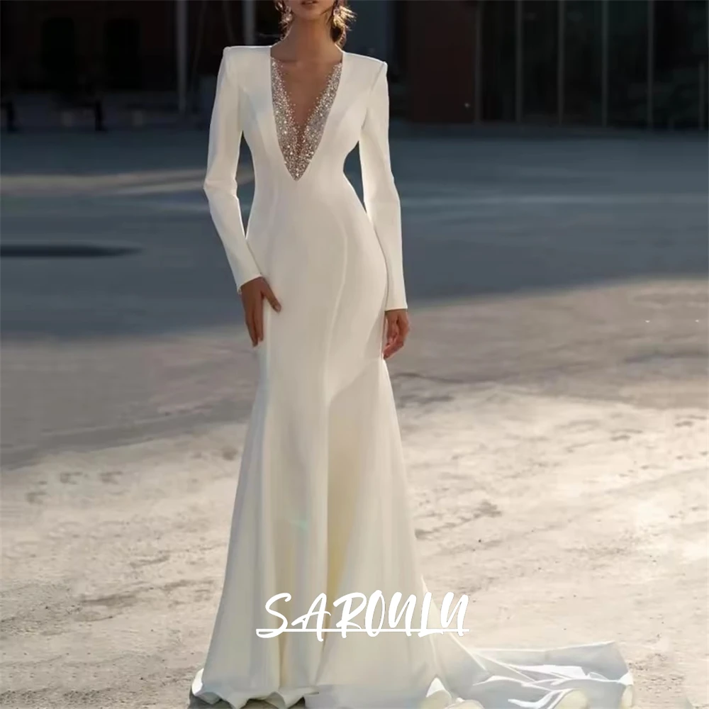 

Elegant Satin Long Bridal Gown with Sequins Neck, Women's Cheap Wedding Dresses 2025, Long Sleeves, Sweep Train Bridal Gown
