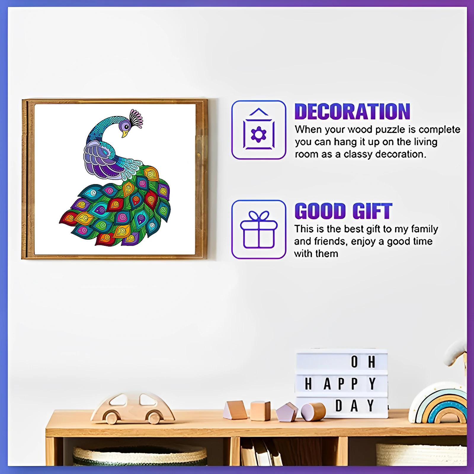 Quebra-cabeça de madeira com padrão de pavão colorido, brinquedo de quebra-cabeça, formato animal irregular, presente de aniversário de feriado para adultos e crianças