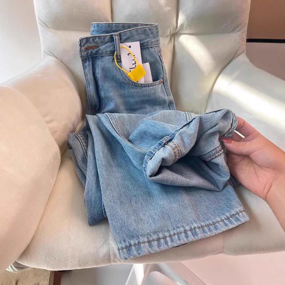 Rits Hoge Taille Losse Denim Broek Volledige Lengte Gewassen Distressed Basics Jeans Wijde Pijpen Broek Dames Rechte Jean